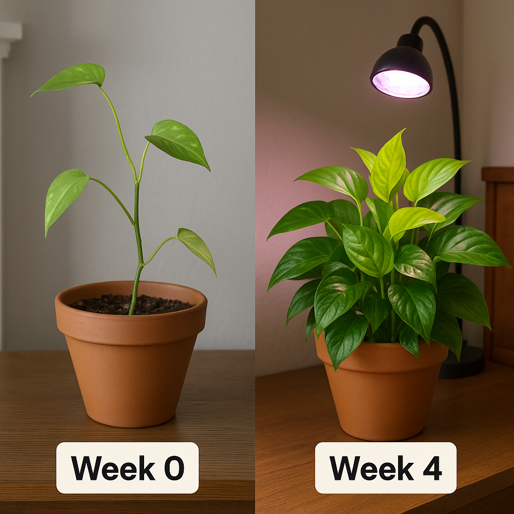 Side by side comparison of the same pothos plant without grow light vs with budget grow light after 4 weeks