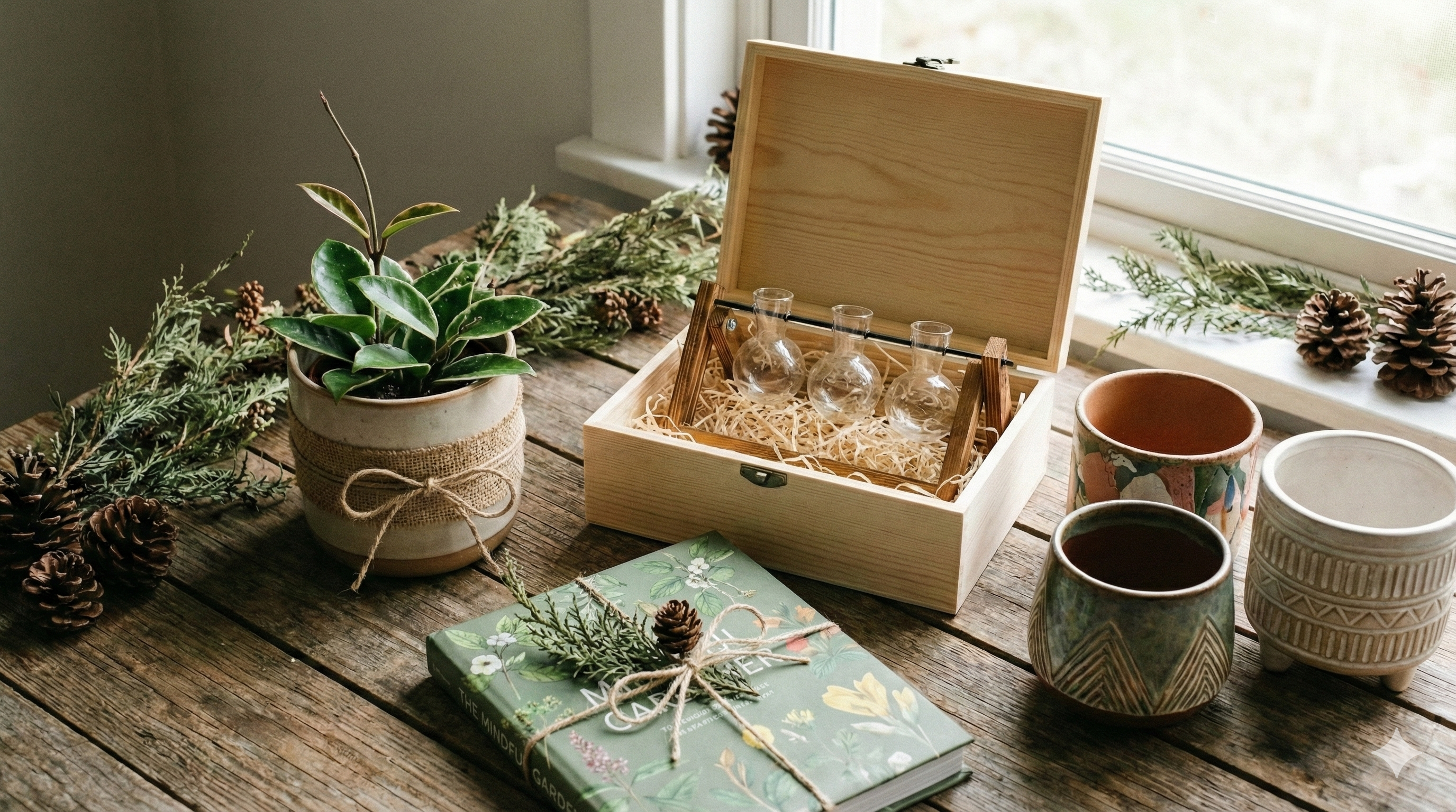 Beautifully wrapped plant gifts including pruning shears, humidity tray, and decorative pots