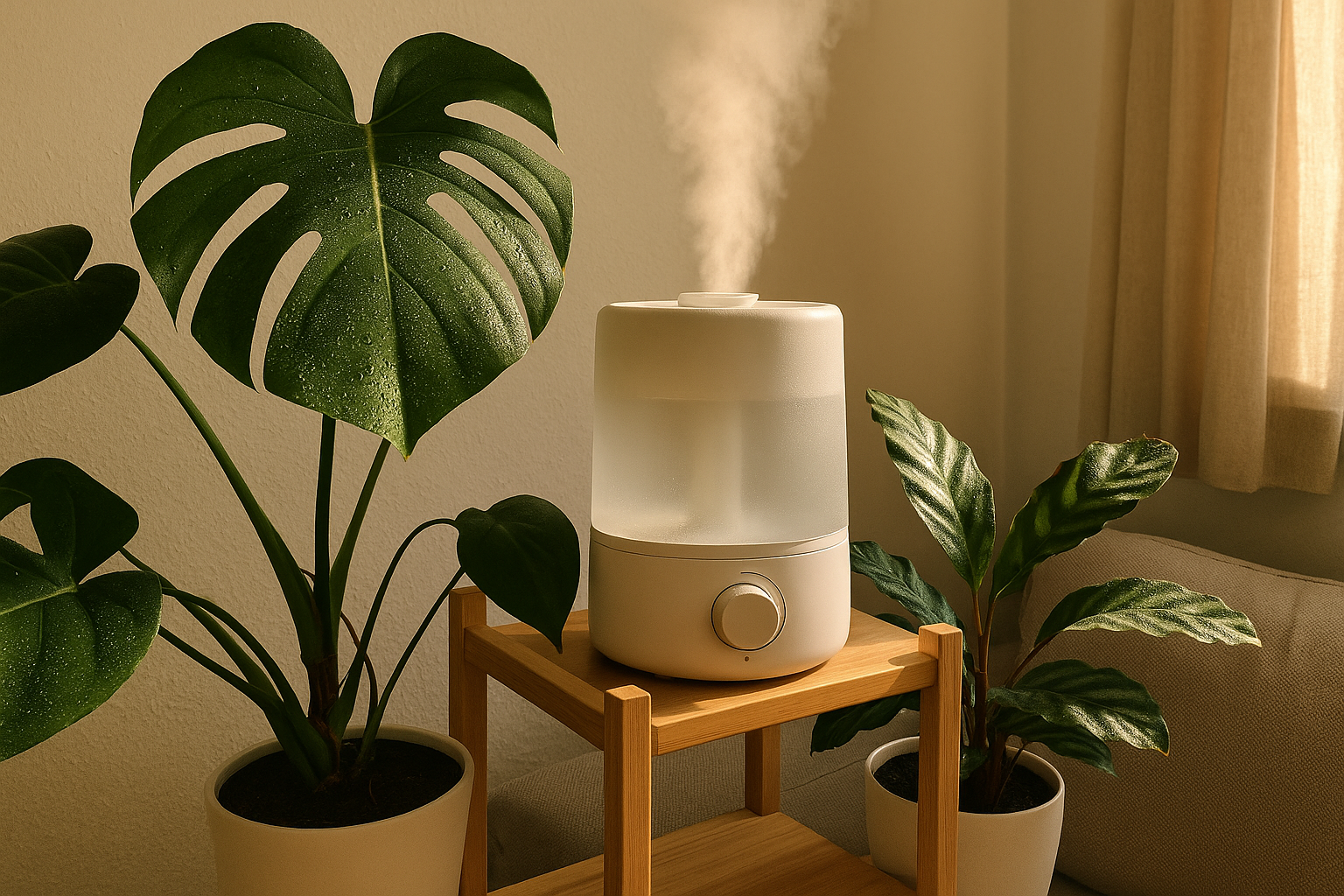 A sleek humidifier next to a thriving Monstera and Calathea in a bright room with visible condensation on leaves