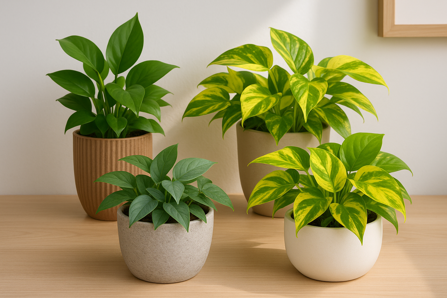 Collection of low-light tolerant pothos varieties including Jade, Golden, and Cebu Blue in decorative pots