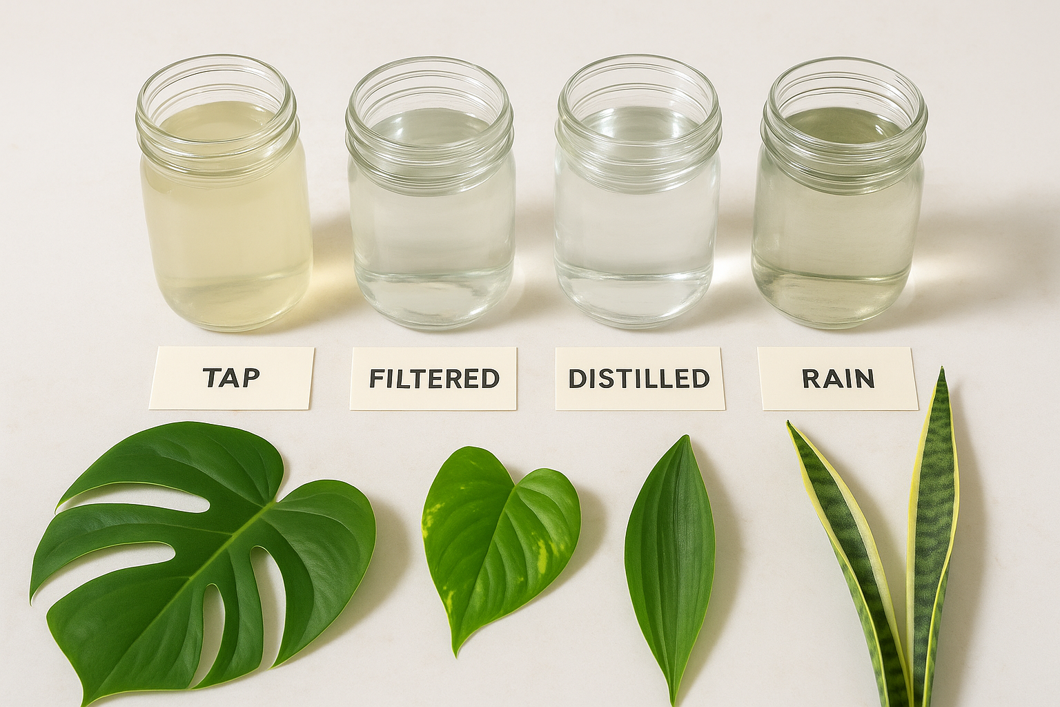 Four clear glasses labeled Tap, Filtered, Distilled, and Rain water with healthy tropical houseplant leaves arranged in front on a light background
