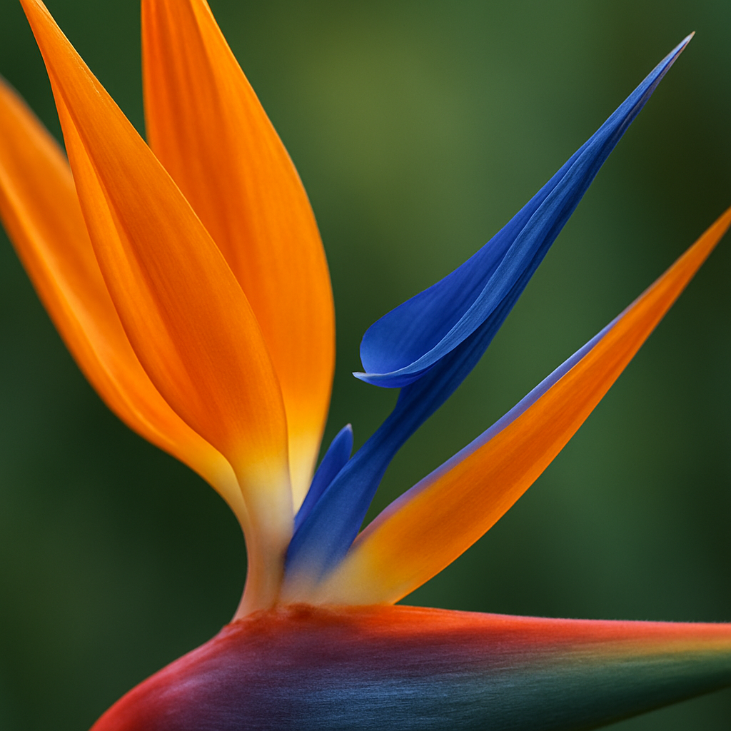 Close-up of bird of paradise flower showing orange sepals and blue petal detail