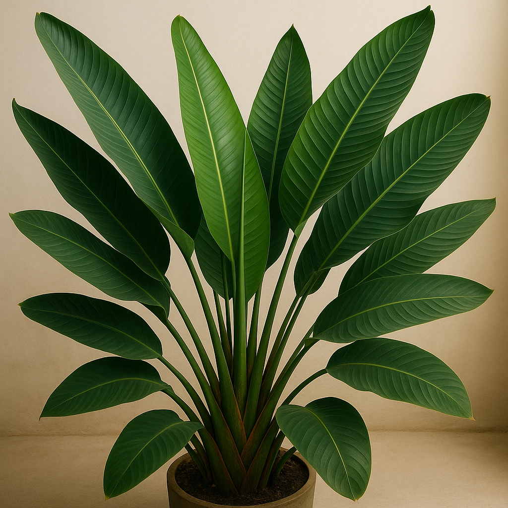 Large bird of paradise leaves fanning out in characteristic rosette pattern
