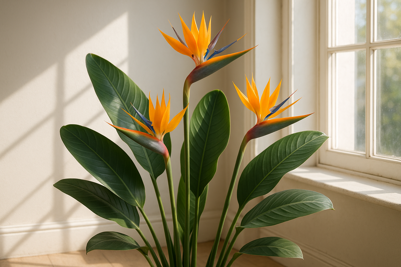Mature bird of paradise plant with full orange and blue flowers in bright indoor light