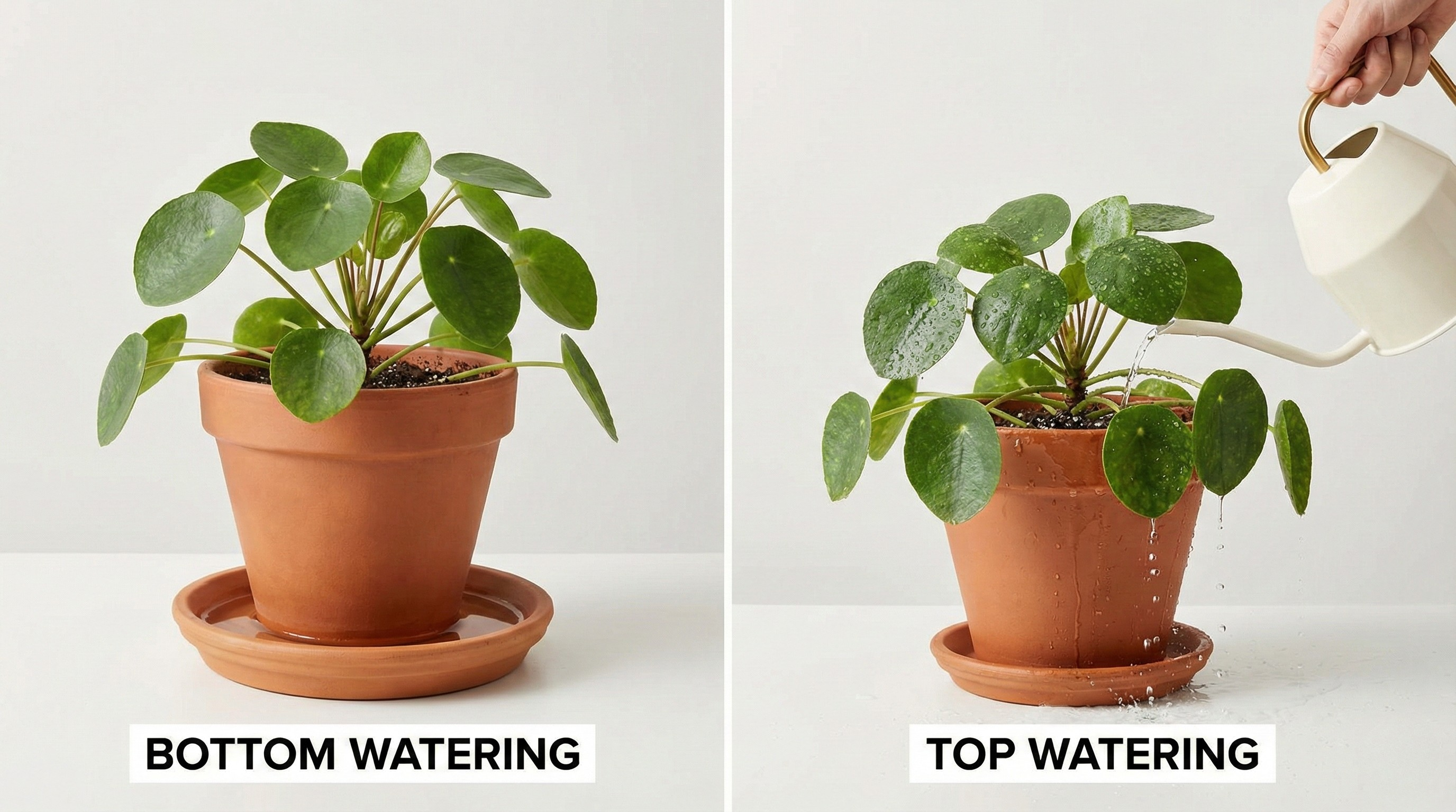 Side-by-side of top watering vs bottom watering method