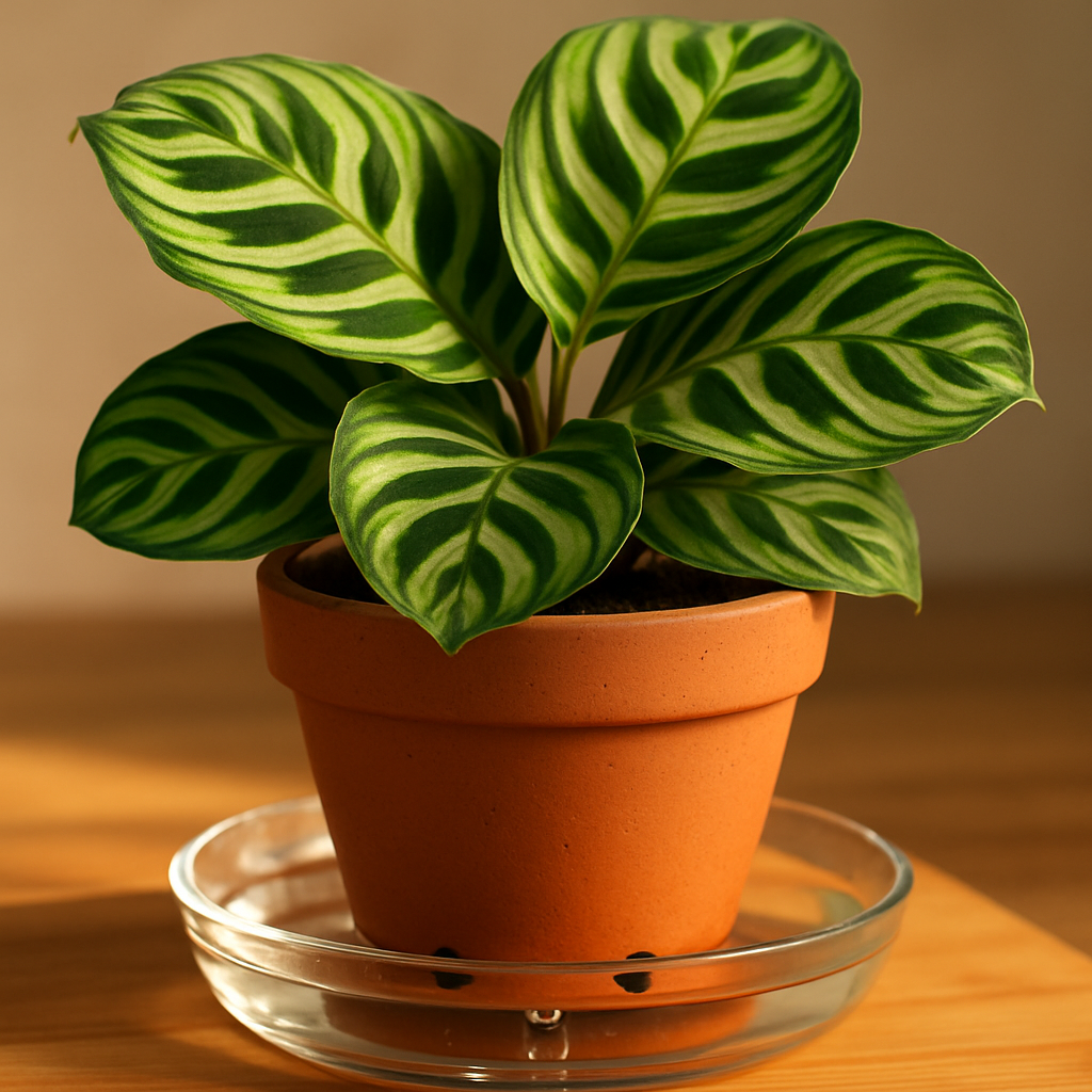 Calathea plant sitting in a tray of distilled water for bottom watering, on a wooden surface with soft natural light