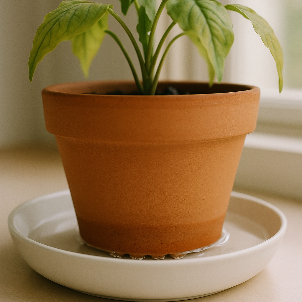 Terracotta plant pot sitting in a shallow tray of water, demonstrating the bottom watering technique for dehydrated mail-order plants