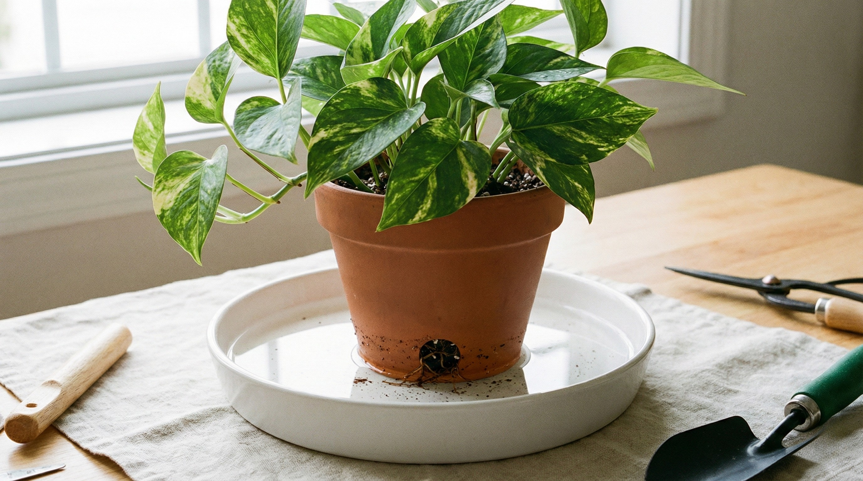 Terracotta pots sitting in a tray of water, soil visibly absorbing water from bottom up