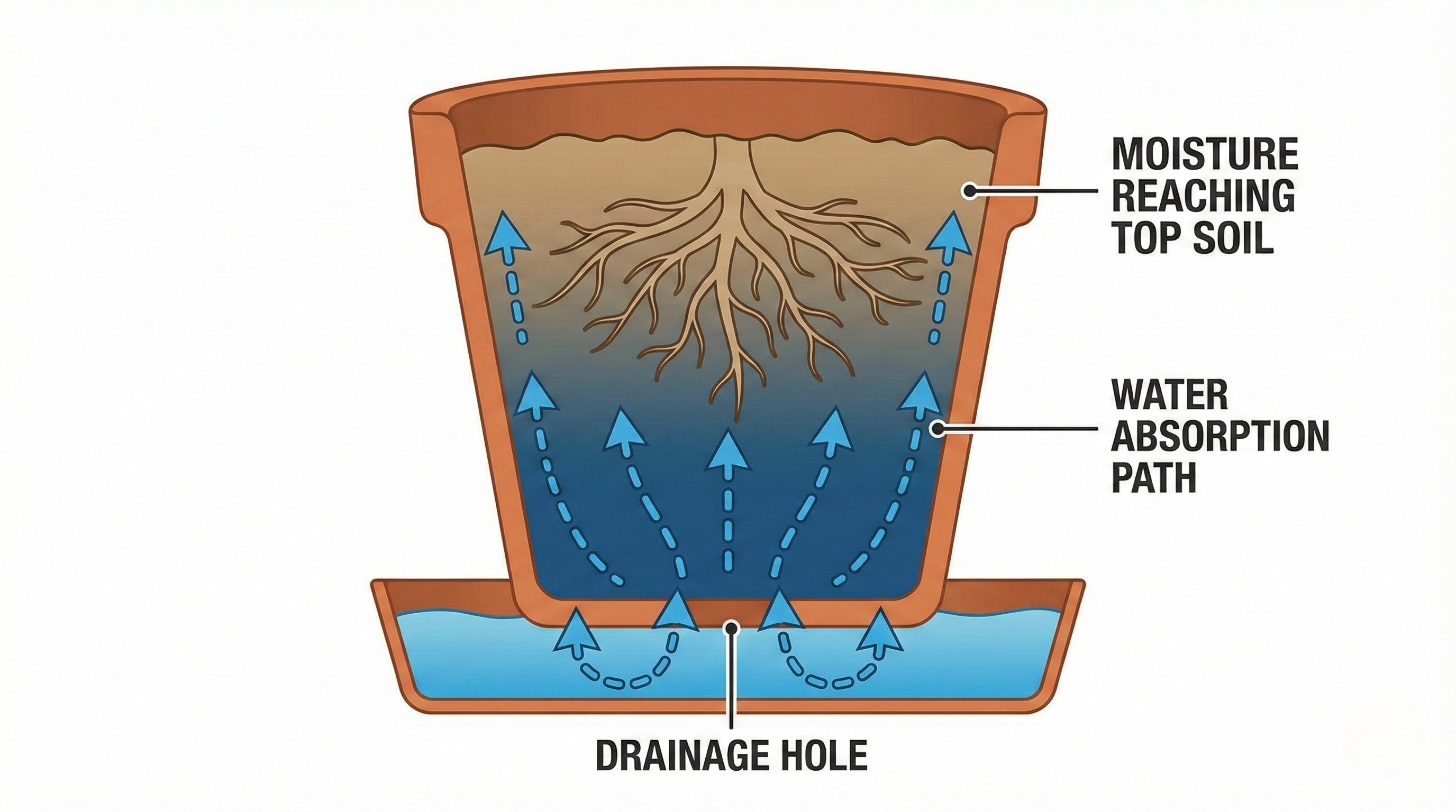 Step-by-step bottom watering process from dry pot to saturated soil