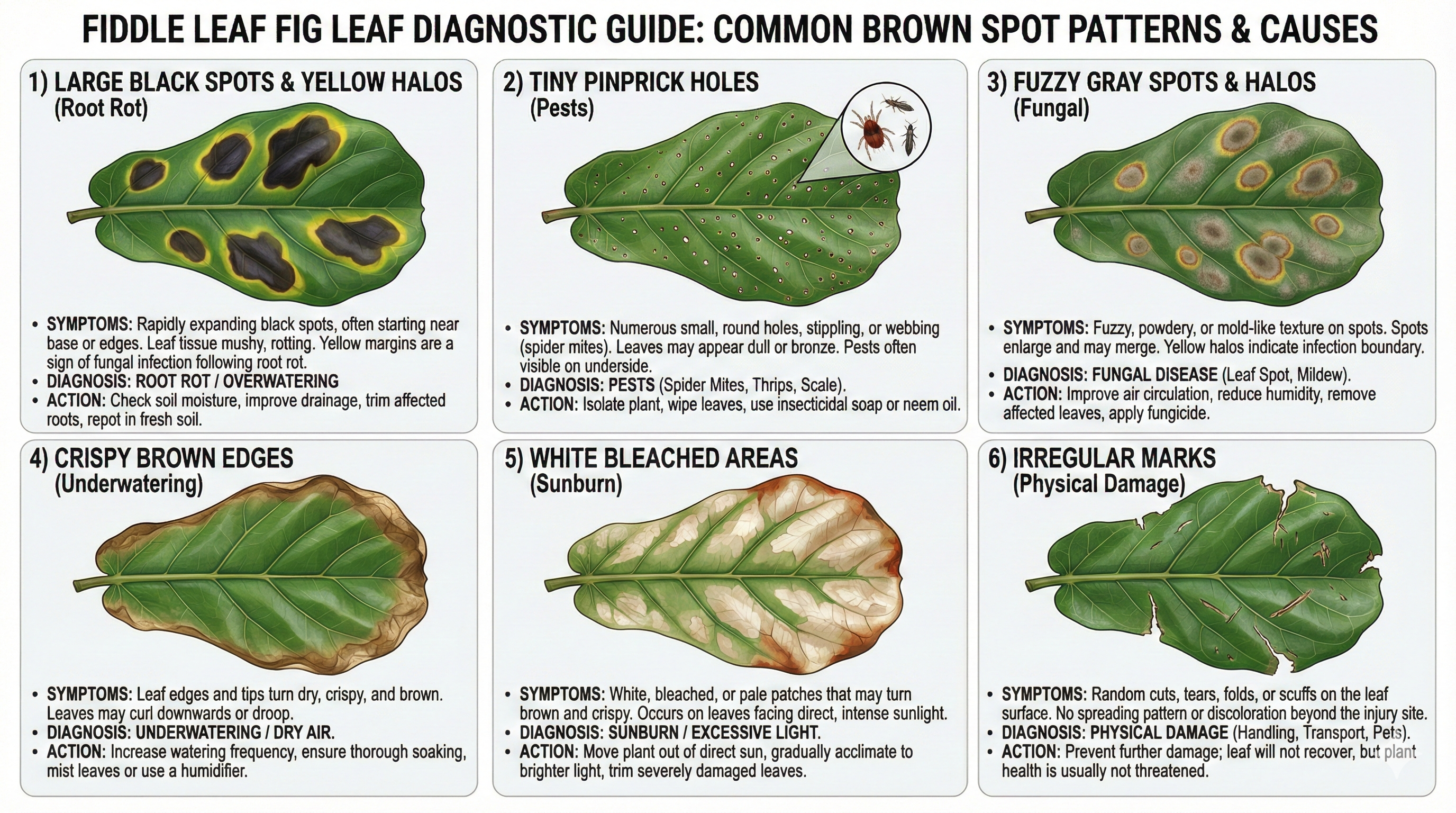 Infographic showing different brown spot patterns on fiddle leaf figs