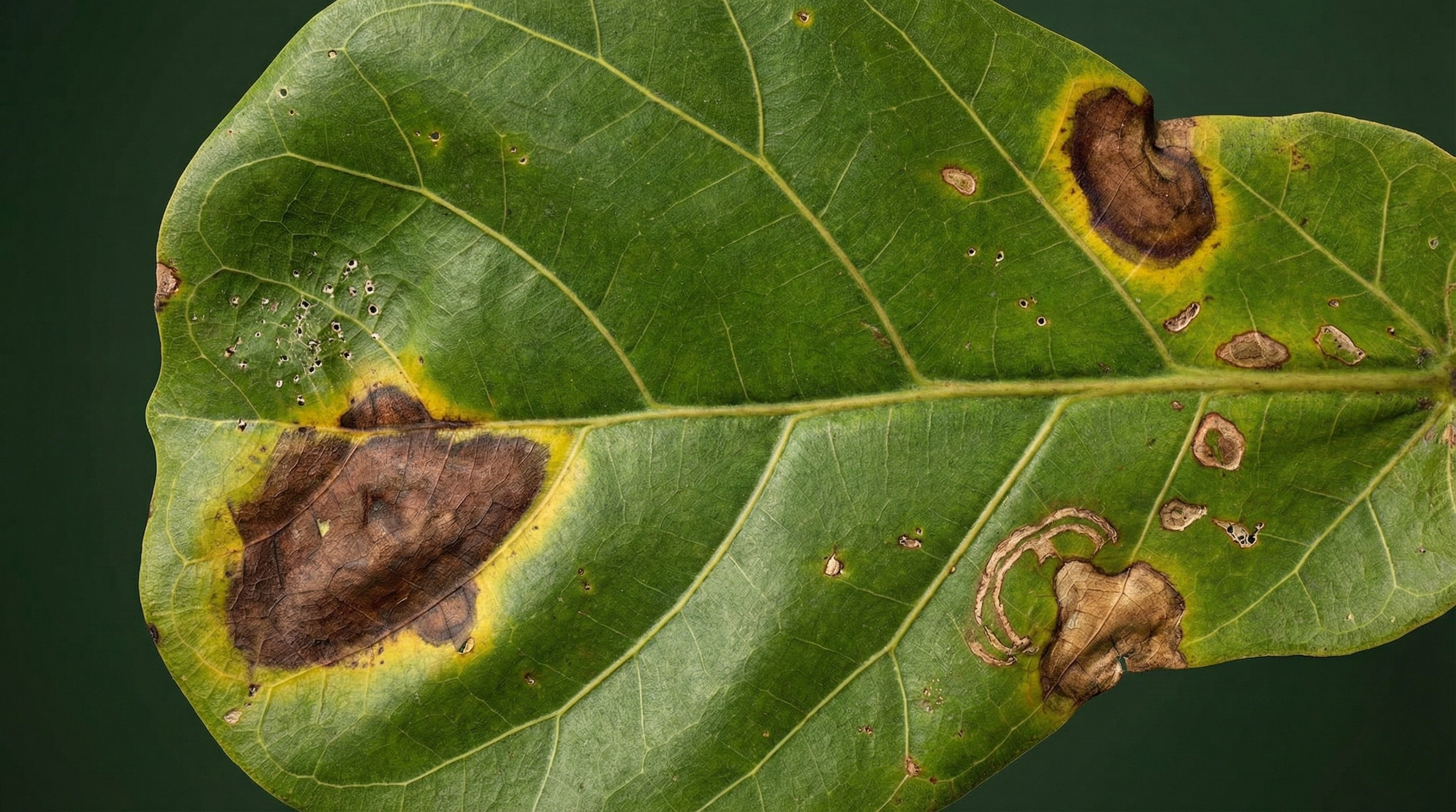 Fiddle Leaf Fig leaf with brown spots showing various stages of common issues including root rot, pests, and fungal infections for diagnosis