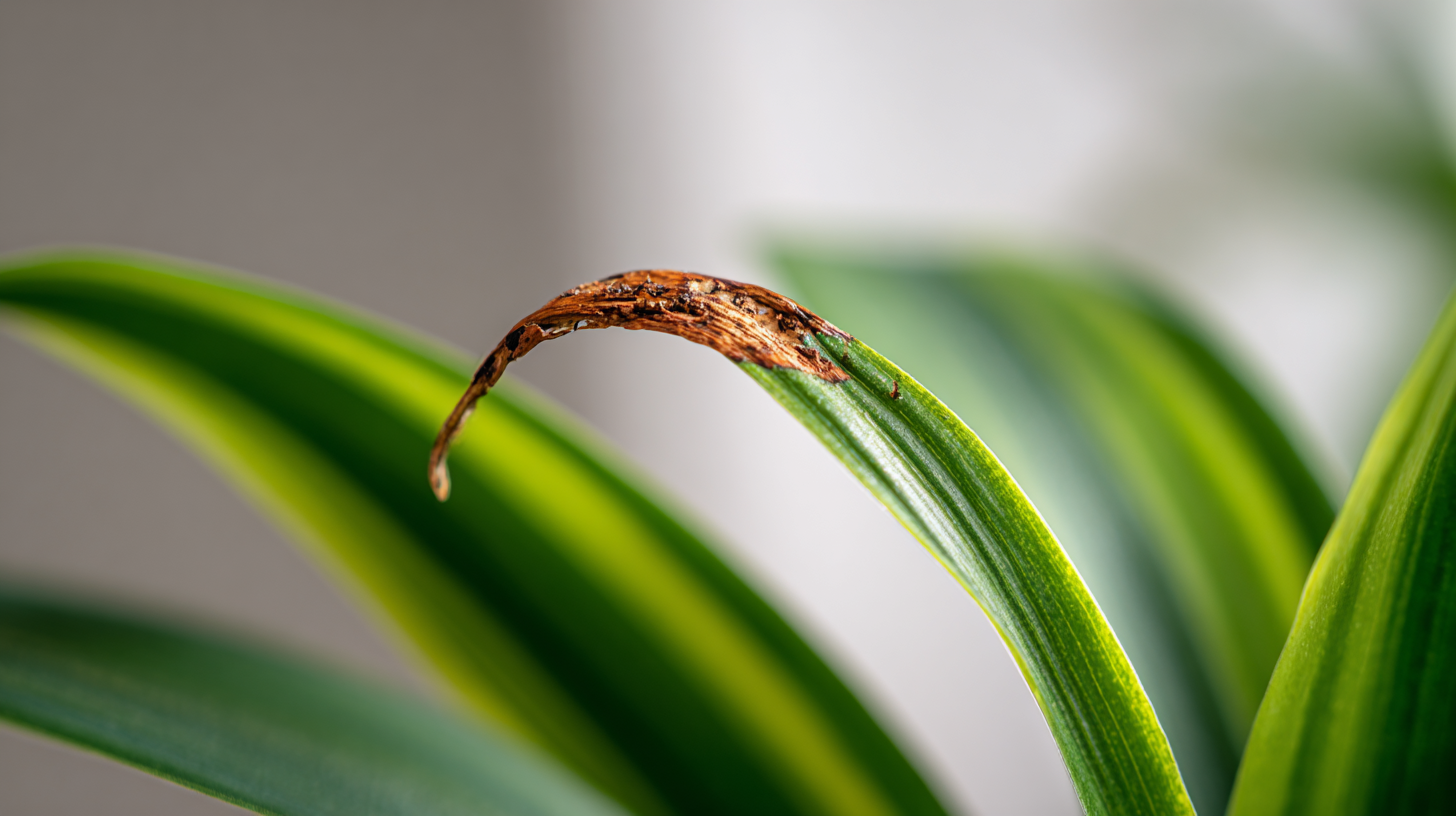 Houseplant leaves with crispy brown tips showing common issues from low humidity and water quality