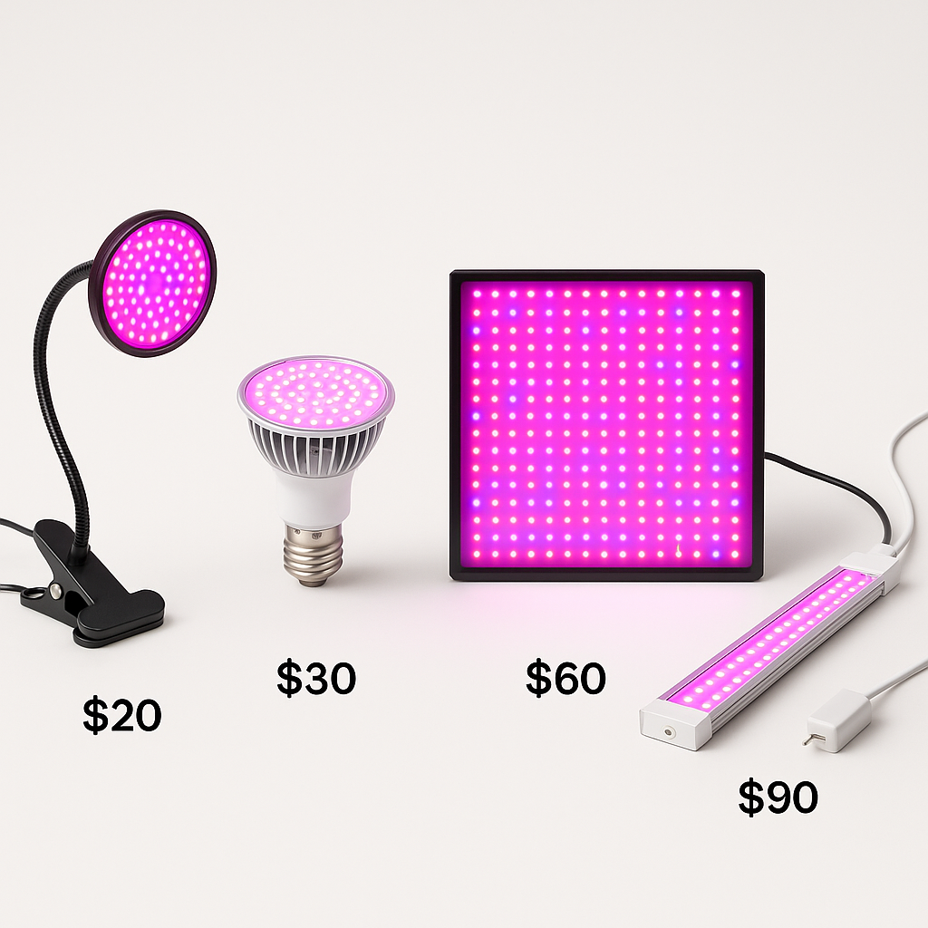 Four budget grow lights at different price points from under $25 to $50 displayed on white background