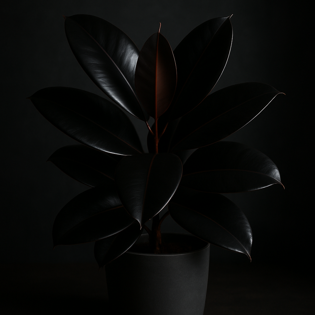Burgundy rubber plant with deep dark glossy leaves in a simple pot
