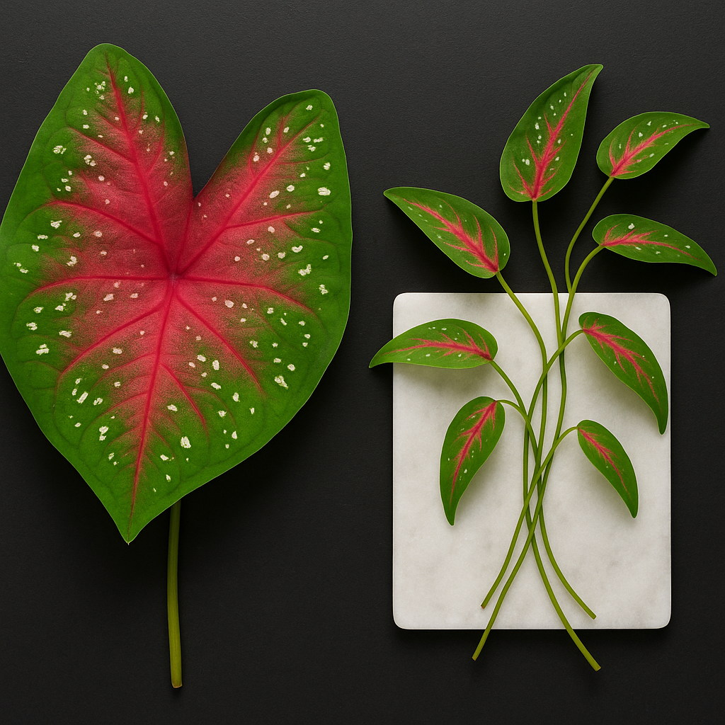Fancy-leaf caladium varieties compared with strap-leaf varieties in a flatlay arrangement showing size and shape differences