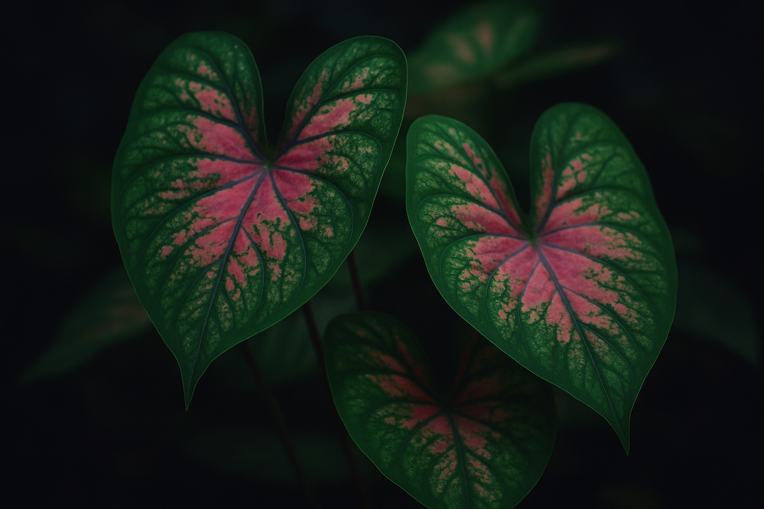 Heart-shaped caladium leaves glowing in filtered light, showing the luminous beauty of shade-tolerant foliage