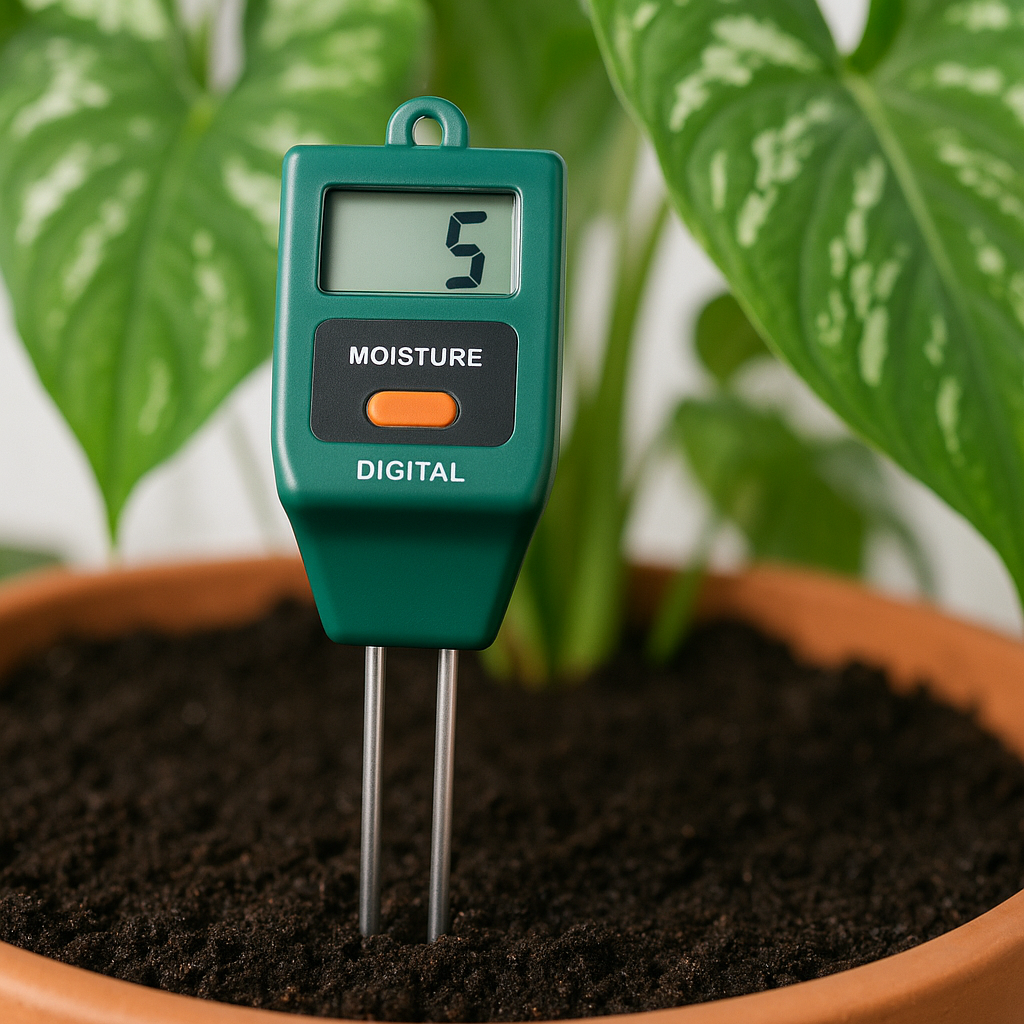 Digital moisture meter inserted into caladium soil showing optimal moisture reading, with lush plant in background