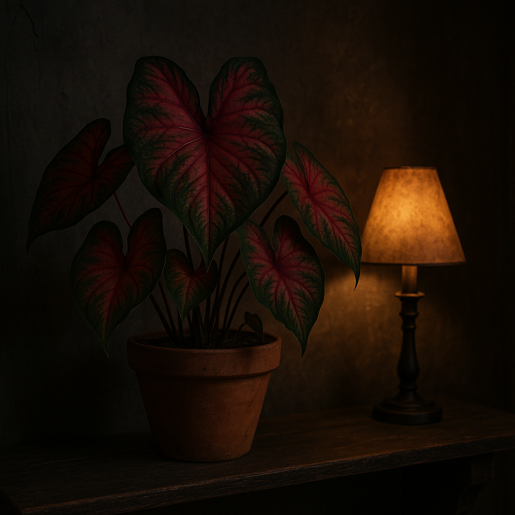 Caladium plant displayed on a dark wooden shelf in a moody, witchy interior setting with warm ambient lighting