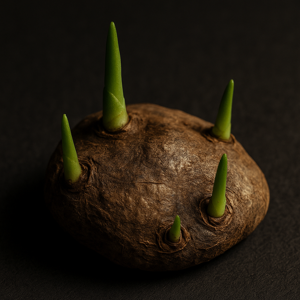 Caladium tuber with new green growth emerging from eyes, showing signs of life after winter dormancy