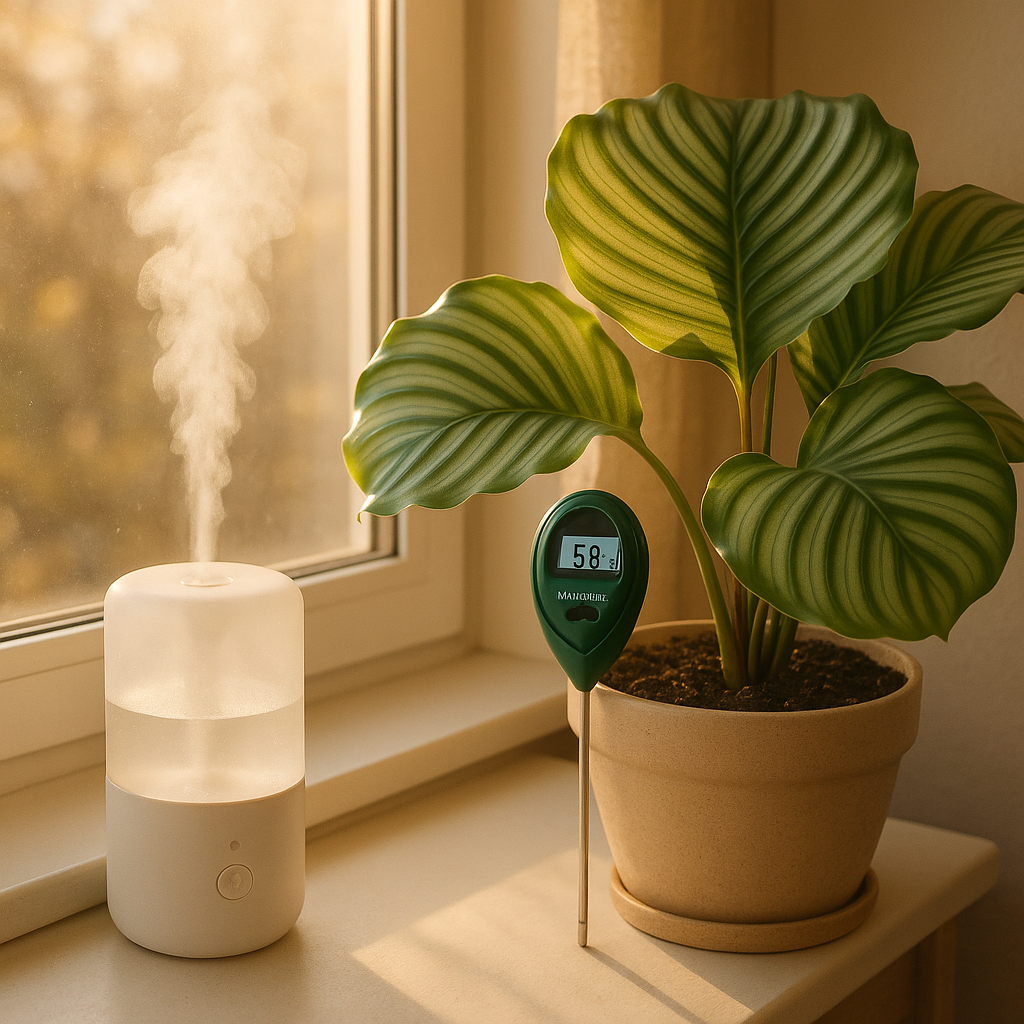 Lifestyle shot of beginner plant care setup: humidifier, moisture meter, and Calathea Orbifolia on windowsill
