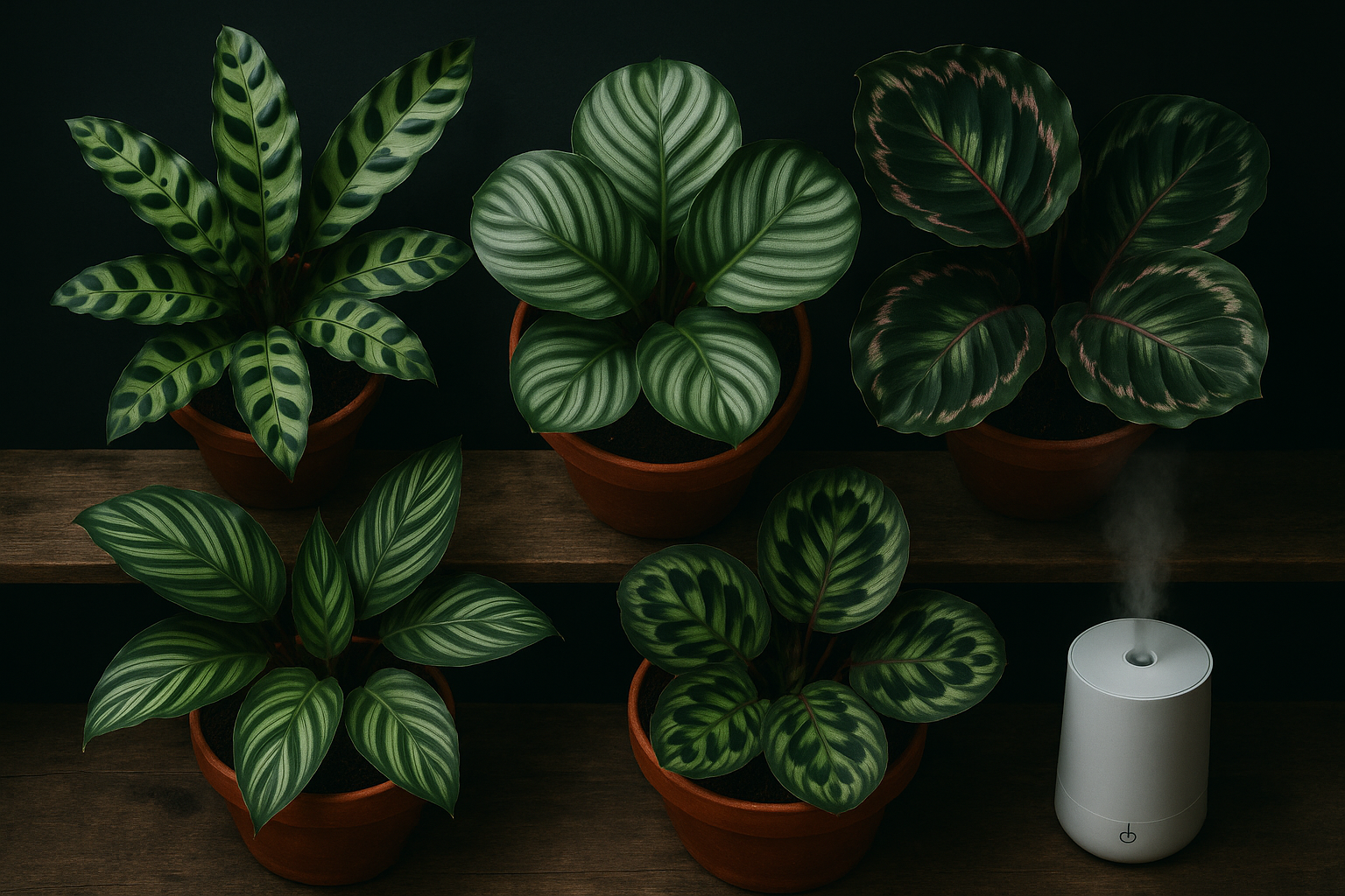 Collection of beginner-friendly calathea varieties including Medallion, Freddie, and Orbifolia on wooden shelf with humidifier