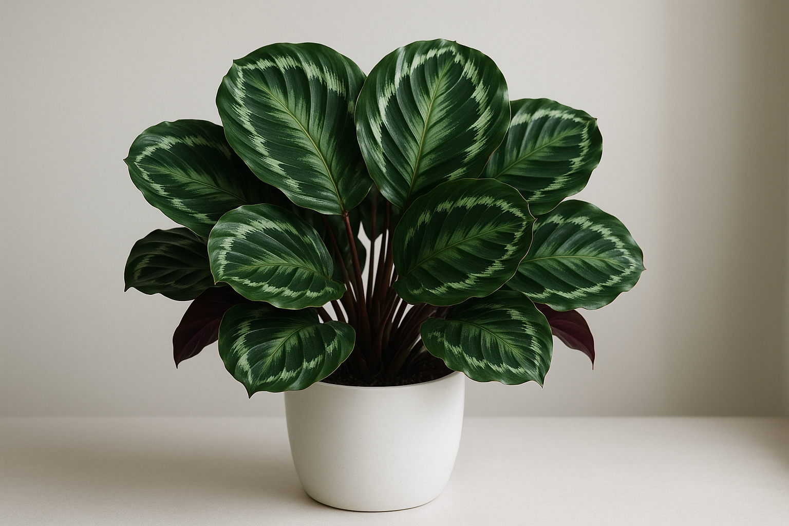 Healthy Calathea Medallion plant in bright indirect light with lush green patterned leaves