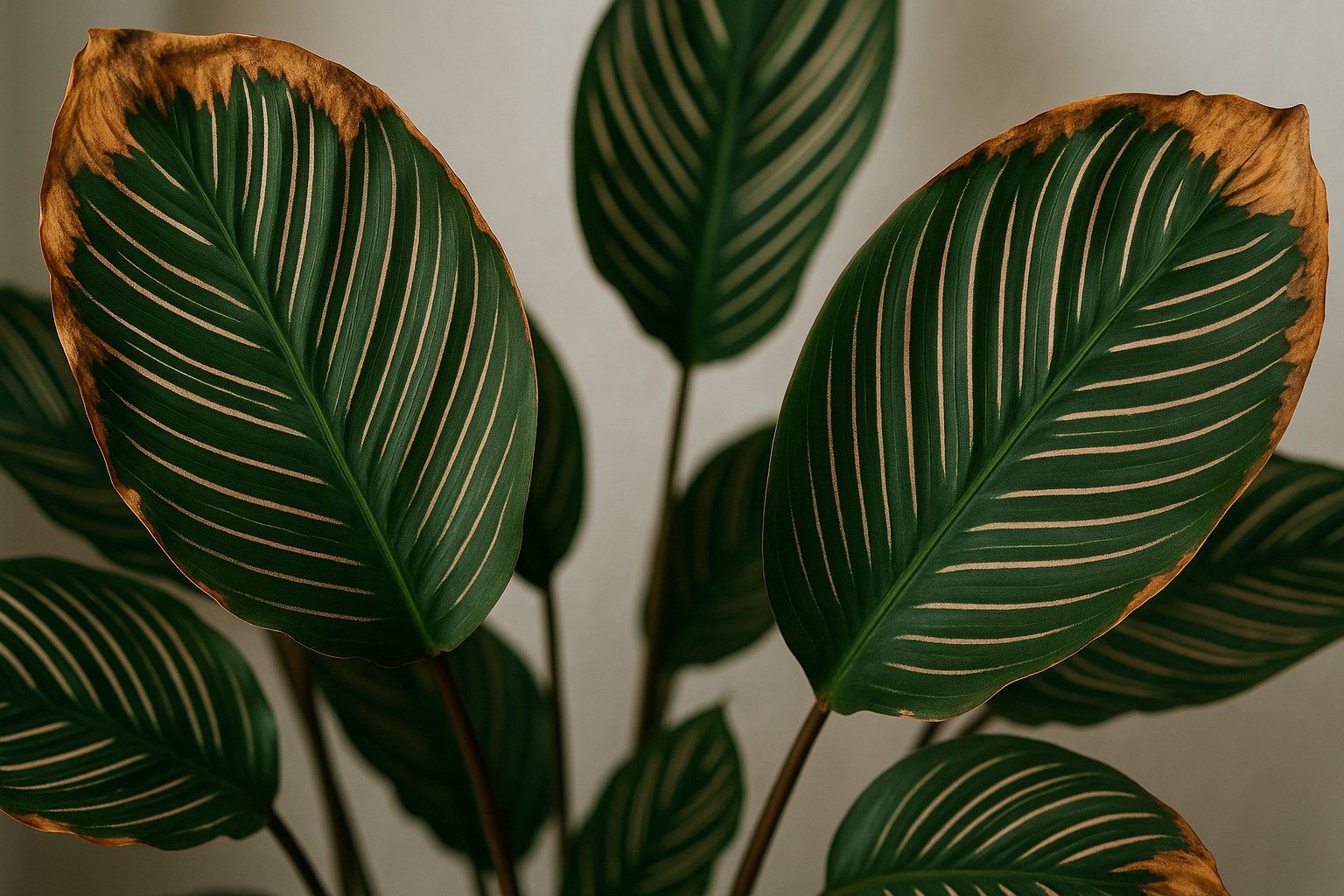 Calathea plant with crispy brown edges on leaves showing signs of humidity stress