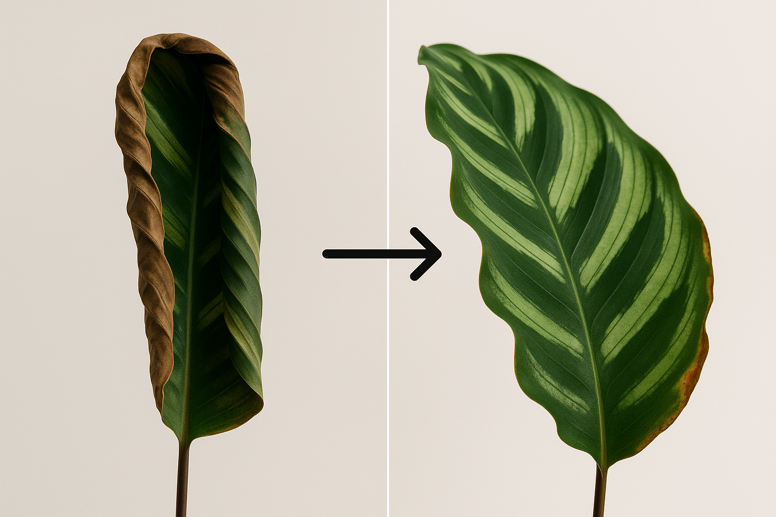 Calathea leaf showing clear curl damage with diagnostic arrows indicating direction