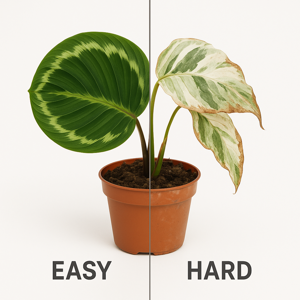 Side by side comparison showing Calathea Medallion (easy) on left and Calathea White Fusion (hard) on right with difficulty labels