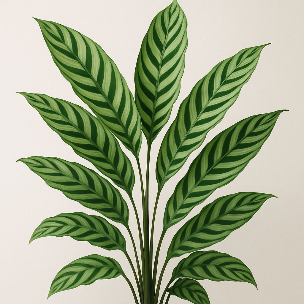 Calathea Freddie with long narrow leaves showing dark green stripes against pale green background