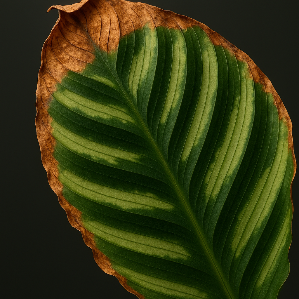 Calathea leaf with brown crispy edges from low humidity damage