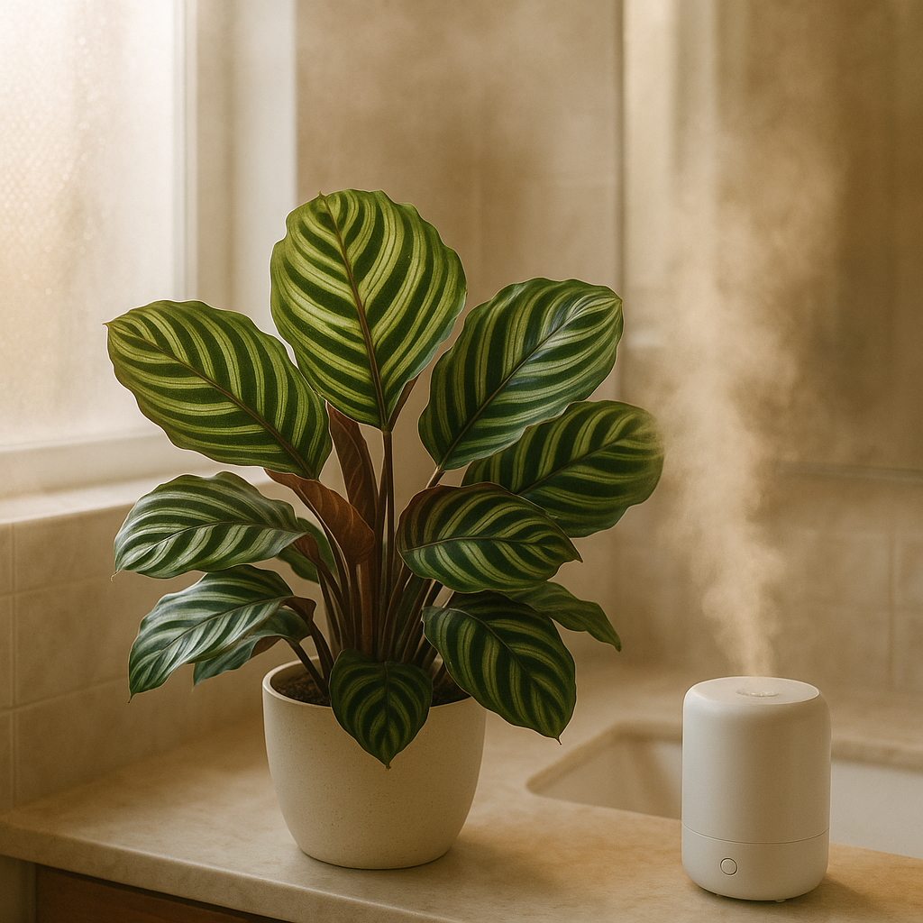 Calathea in bathroom with natural steam from shower and humidifier nearby