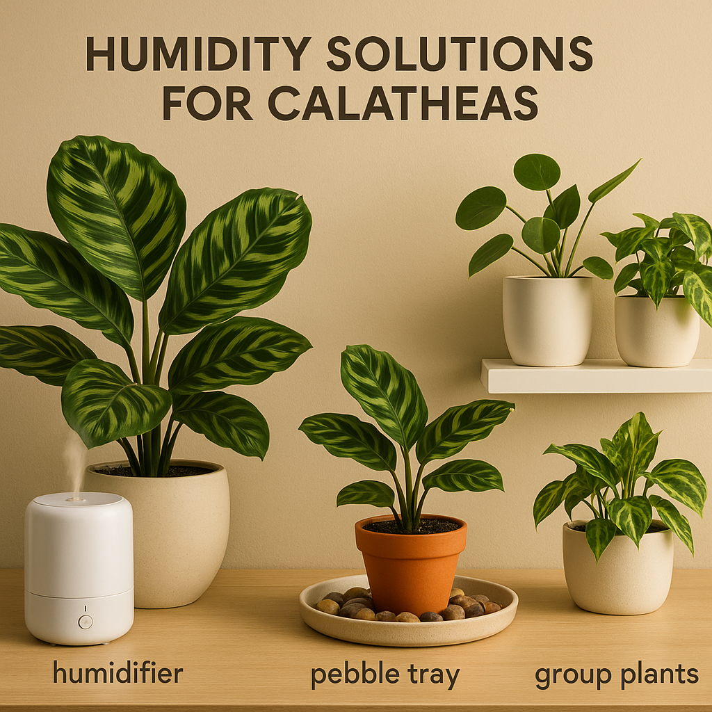 Calathea setup with humidifier, pebble tray, and grouped plants