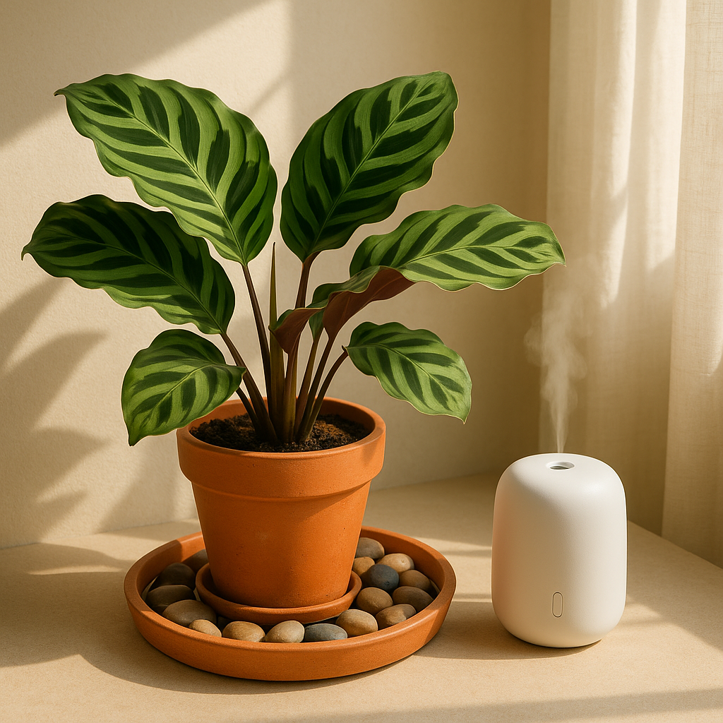 Healthy Calathea in appropriate pot with drainage, on pebble tray, near humidifier