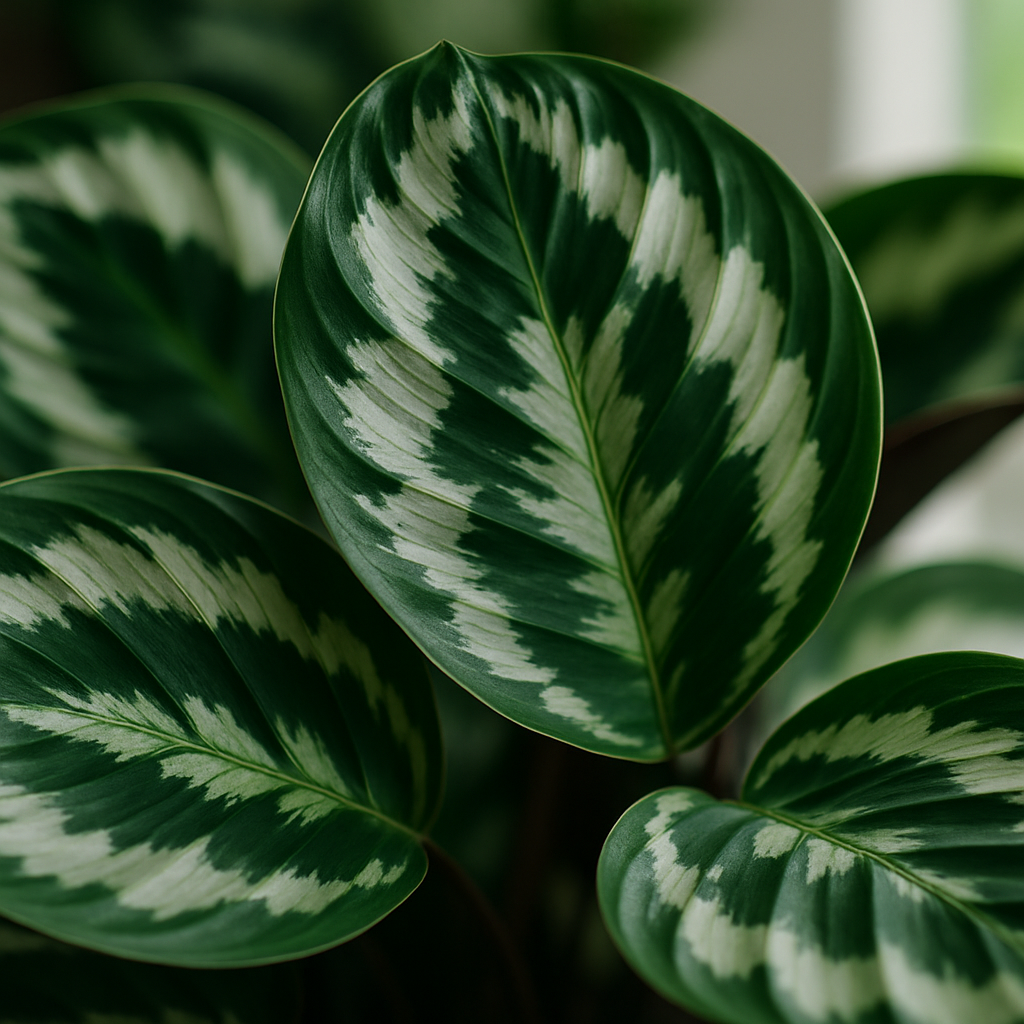 Close-up of Calathea Medallion leaves showing the distinctive medallion pattern with green and silver markings