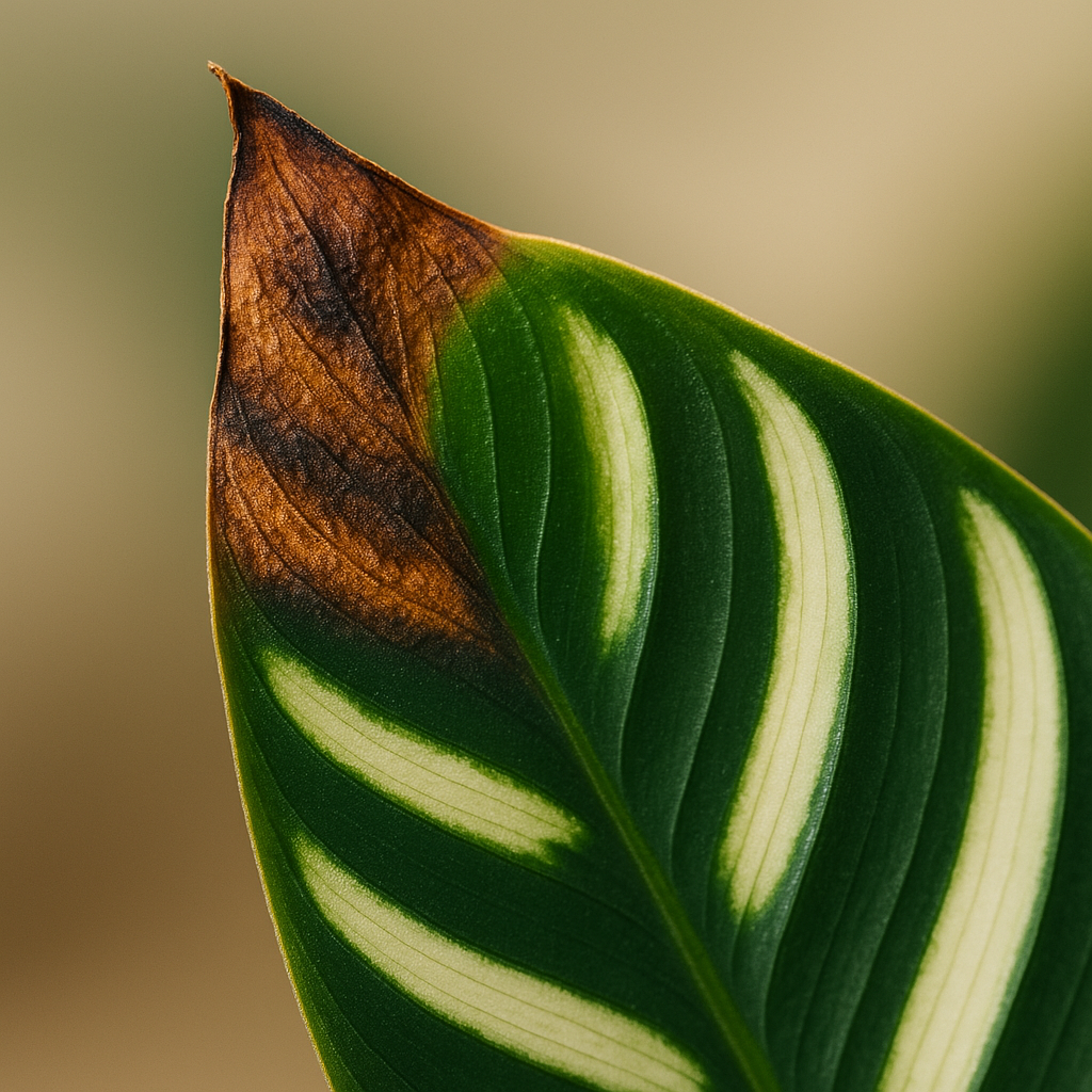 Calathea Ornata leaf edge with brown crispy tips, diagnostic close-up