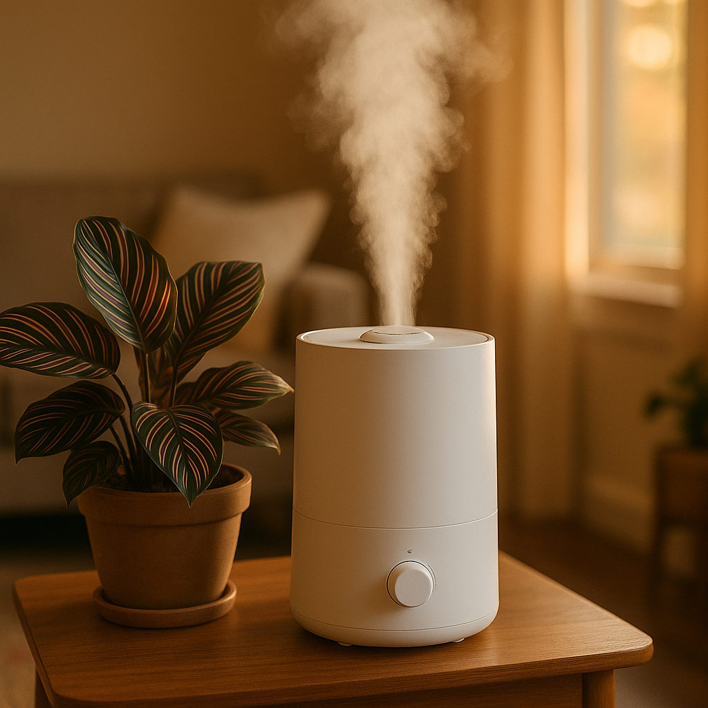 Levoit humidifier running near a Calathea Ornata in a lived-in living room, warm natural light