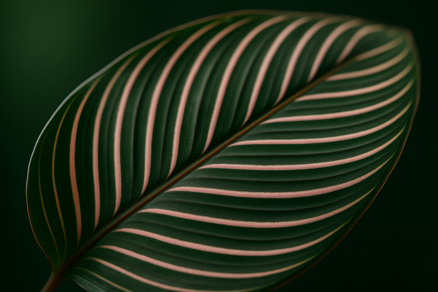 Calathea Ornata leaf showing signature pink pinstripe pattern against deep green, soft side-lighting