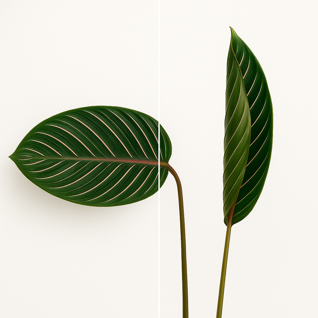 Calathea Ornata leaf showing open position during day and folded upward position at night, same leaf