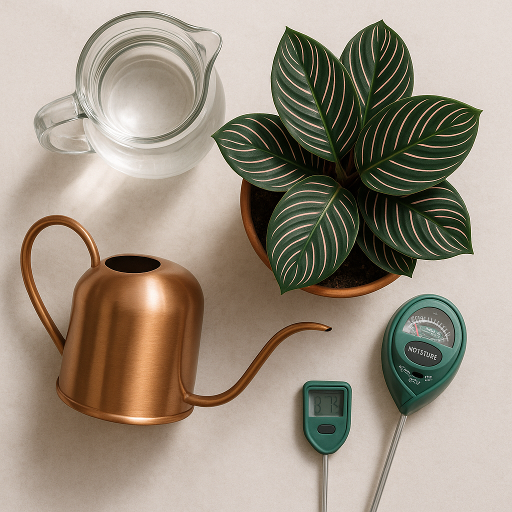 Flat lay of Calathea Ornata care setup: distilled water jug, watering can, moisture meter, and potted Ornata