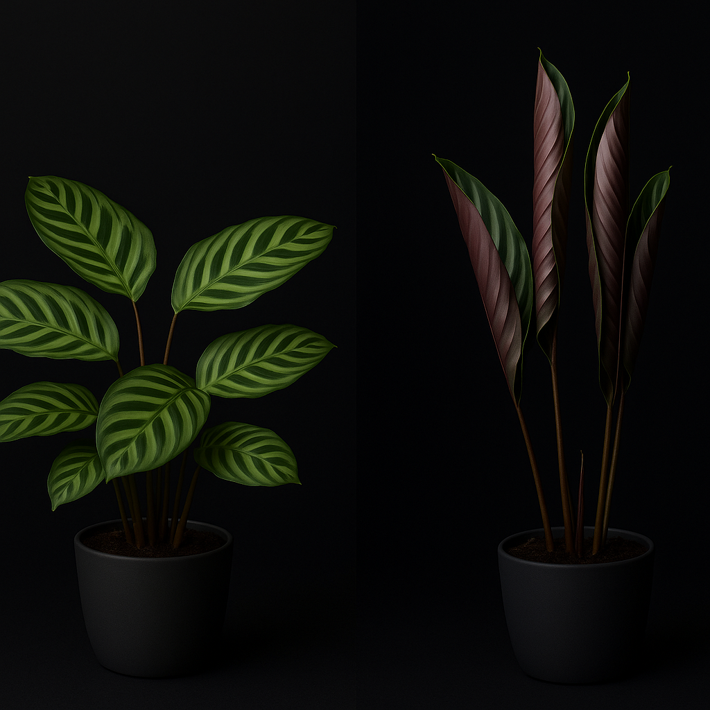 Calathea leaves showing day position and night position demonstrating prayer plant movement