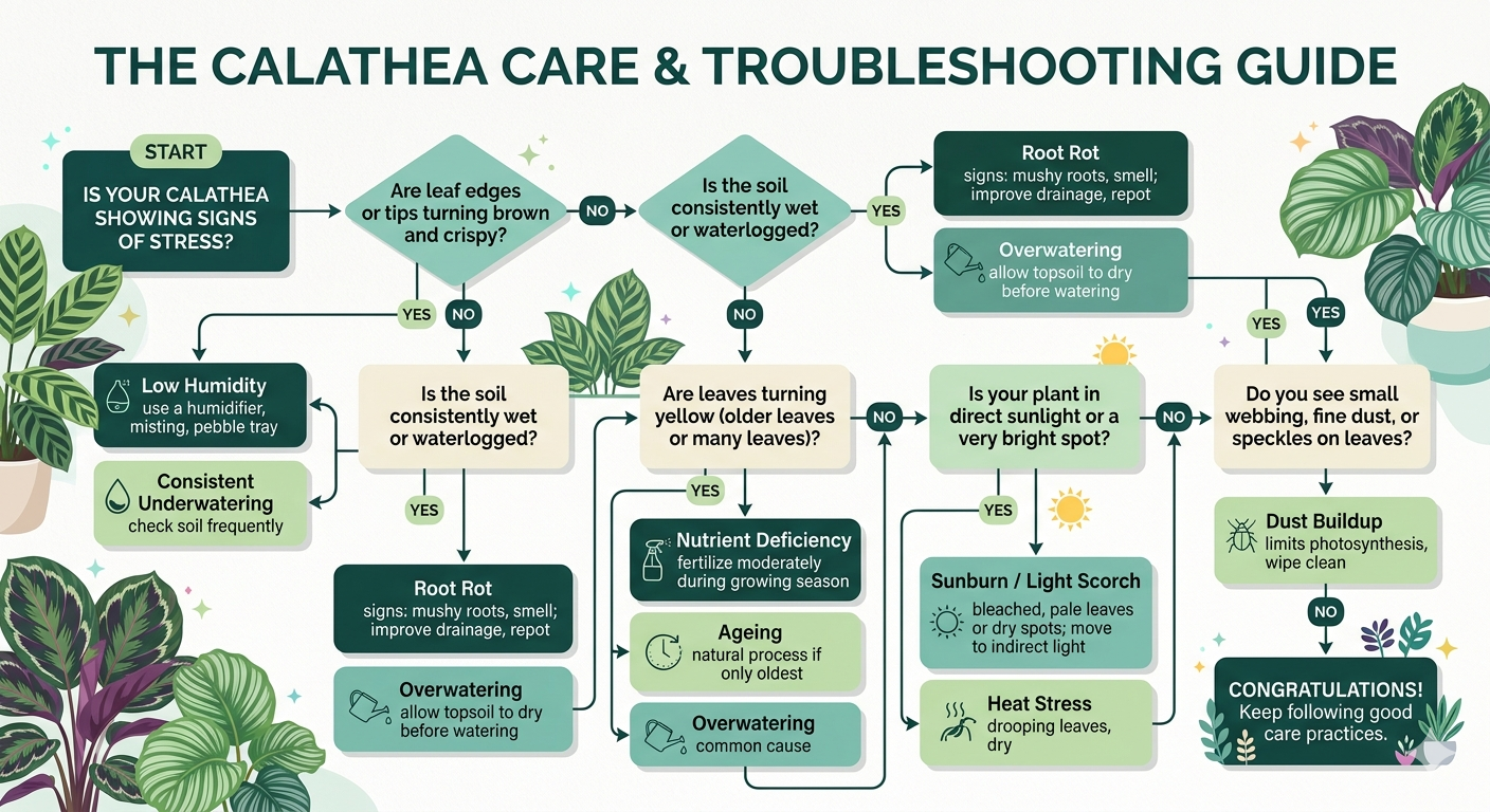 Visual flowchart showing 5-question diagnosis for Calathea leaf curl causes