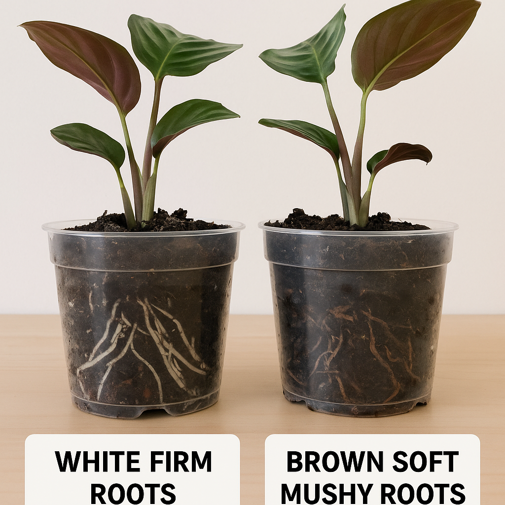 Comparison of healthy white Calathea roots vs brown mushy root rot roots