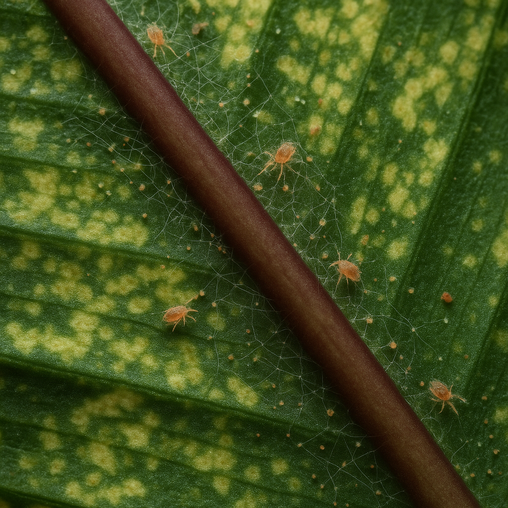Close-up of Calathea leaf with spider mite webbing and stippling damage