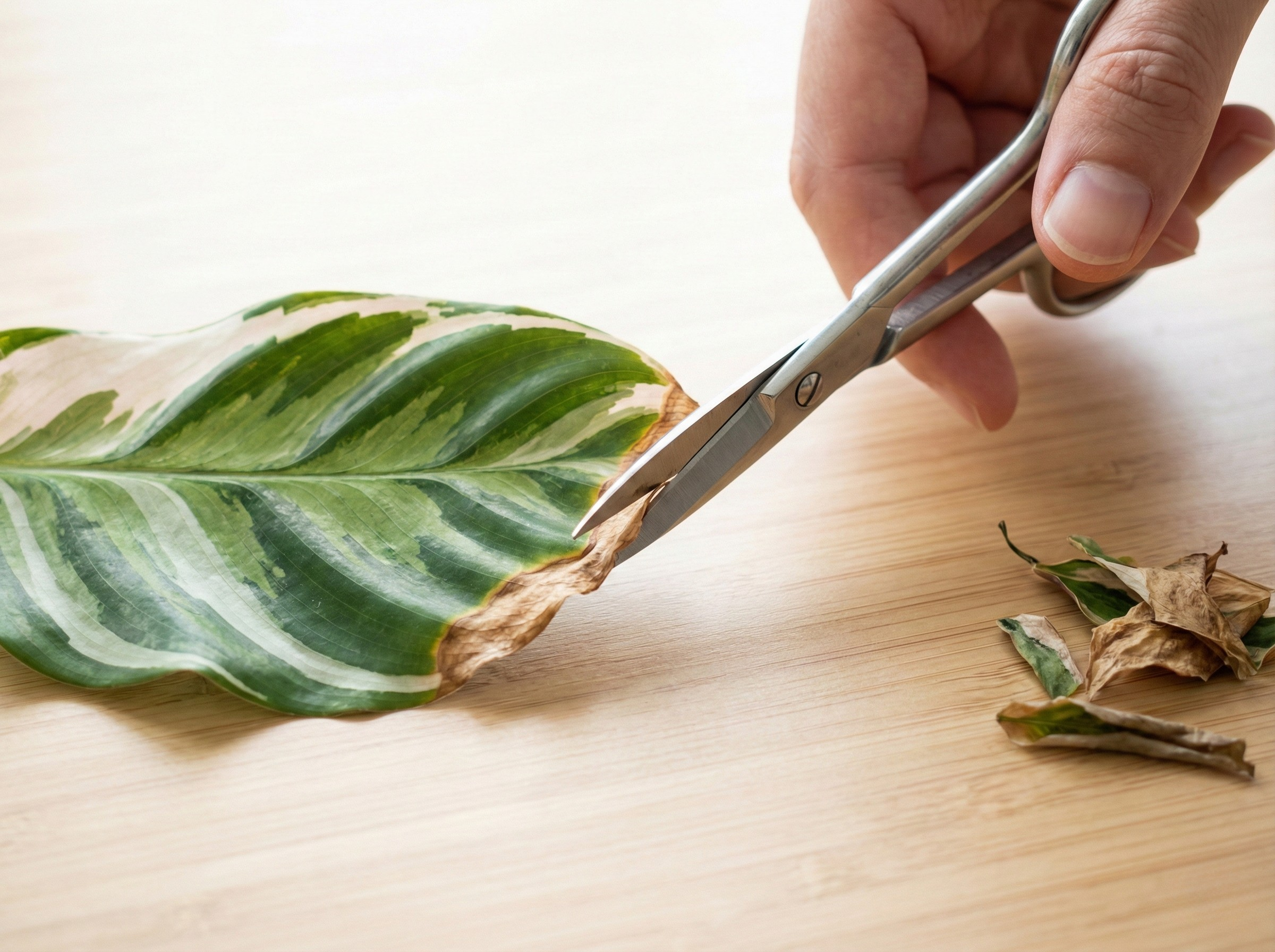 Step-by-step trimming of calathea leaf edges