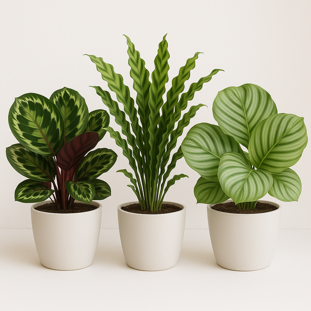 Side by side comparison of Calathea Medallion, Freddie, and Orbifolia varieties
