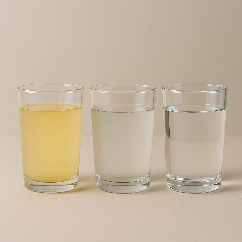 Three glasses of water: cloudy tap water, clear filtered water, and crystal clear distilled water