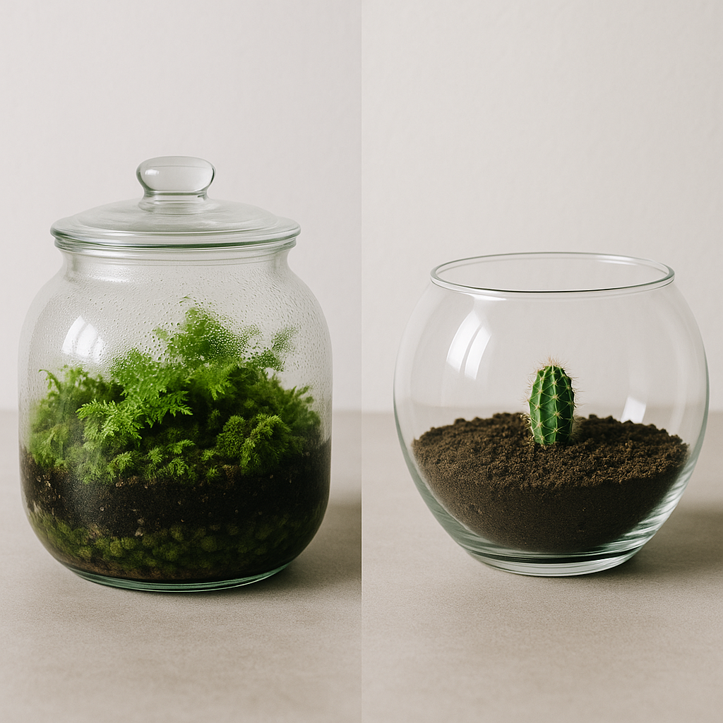 Side-by-side comparison of a closed terrarium (sealed lid with condensation) and an open terrarium (open top, aired)