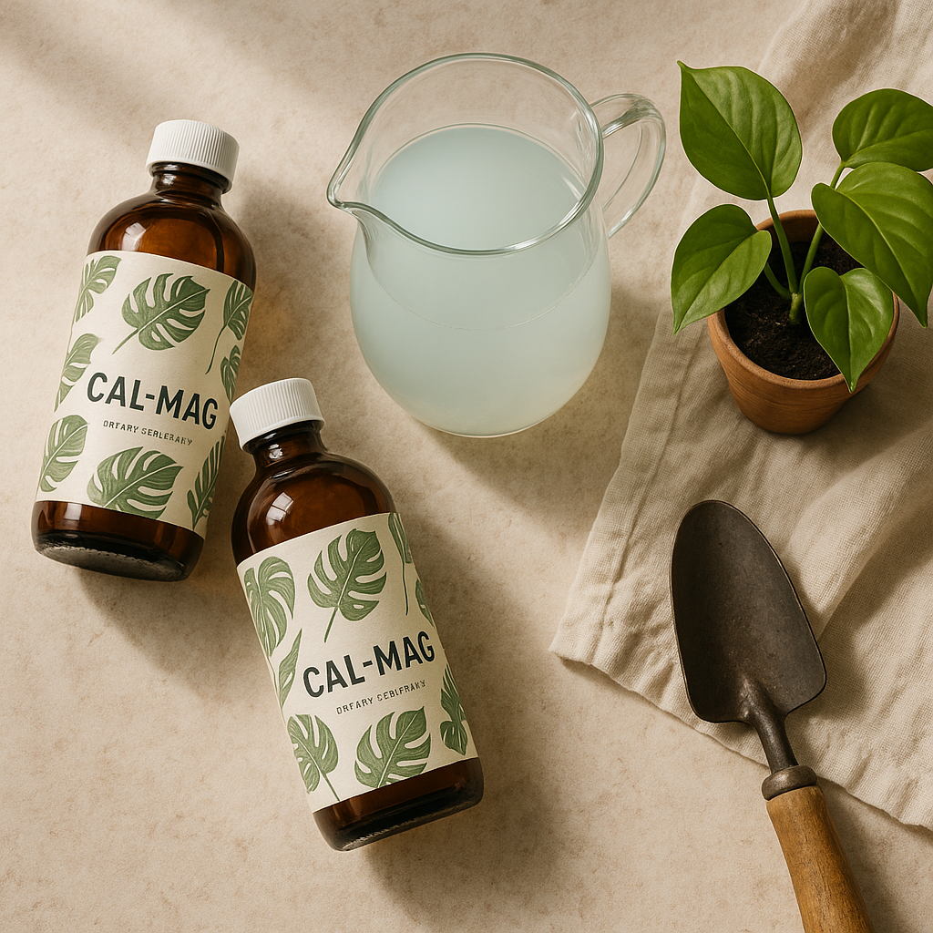 Calcium magnesium supplement bottles next to a glass of diluted cal-mag solution and a potted monstera plant