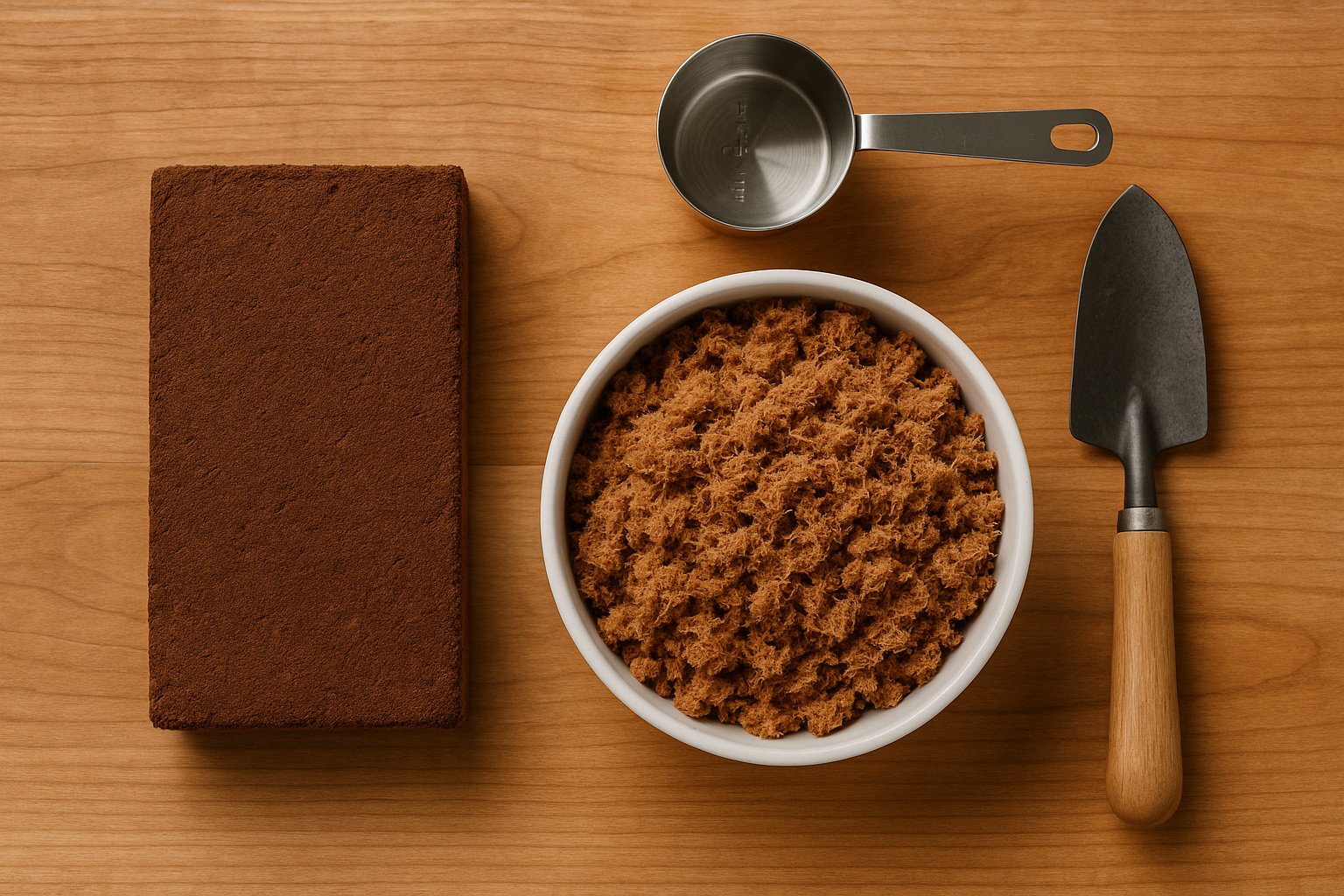 Compressed coco coir brick transforming into fluffed, hydrated coir ready for potting mix